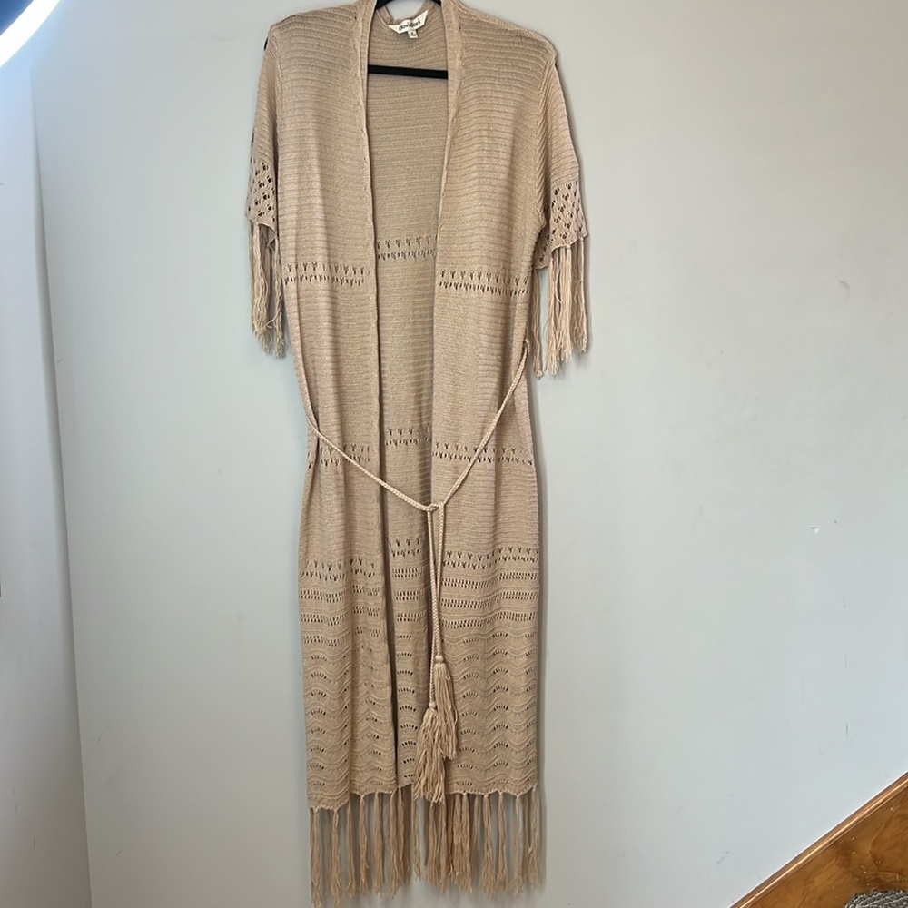Davi&Dani Women's Beige Knit Maxi‎ Fringe Short Sleeve Duster Boho Westren M
